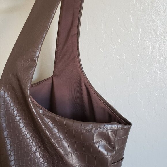 Express Body Contour Faux Croc Leather Crop Top Square Neck Brown Women's XL NEW - Picture 7 of 9